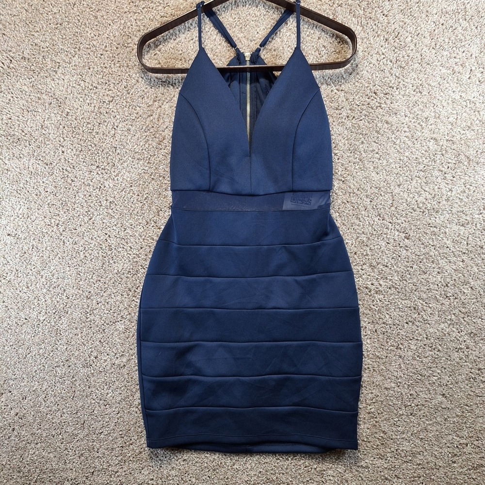 Emerald Sundae Dress Womens Navy Blue Bodycon Mini Cocktail Party Rhinestones